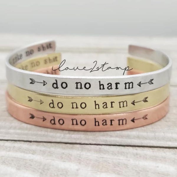 Do No Harm But Take No Shit Bracelet, Hidden Message Bracelet, Hand Stamped Jewelry, Uplifting Gifts For Women, Adjustable Bracelet