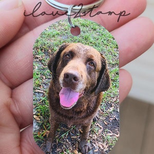 May include: A brown dog with a pink tongue sticking out is pictured on a metal keychain. The dog is looking at the camera and is surrounded by green grass and brown leaves.