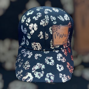 Black Ponytail Leopard Print Hat with Mama Leather Patch