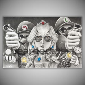 Mario, Luigi, and Peach Pencil Drawing Print – Super Mario Fan Art – 11x17 Graphite Fine Art – Nintendo Wall Decor