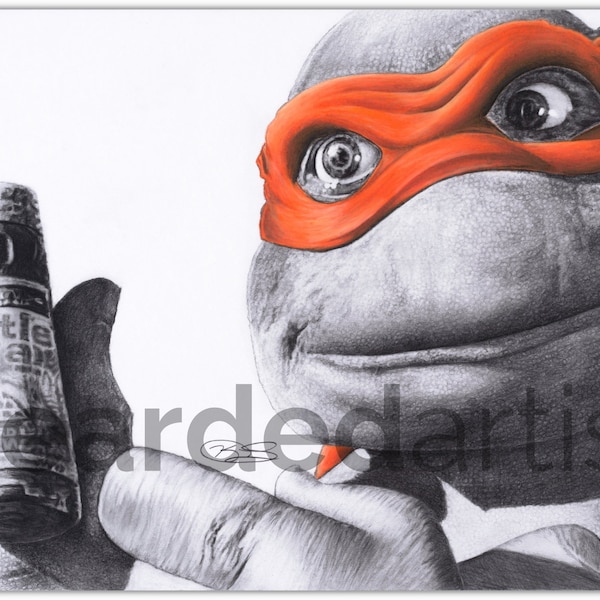 Michelangelo -  Teenage Mutant Ninja Turtles - "Funny Mikey!" - TMNT Fine Art - 1990 TMNT - Pencil Drawing Print - 11x17"