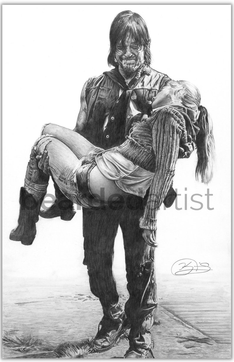 Daryl and Beth from The Walking Dead Fine Art Saddest Scene Ever The Walking Dead Artwork 11x17 Pencil Drawing Print image 1