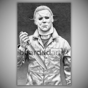 Dibujo a grafito de Michael Myers – Impresión artística de la película de terror de Halloween imagen 1