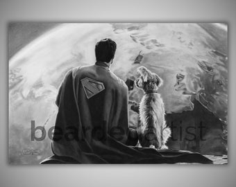 Superman & Krypto Print – Graphite Drawing, Hero and Dog Wall Art