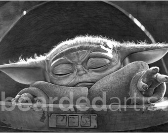 Grogu Baby Yoda from The Mandalorian - "Your Back, I Have" - Star Wars Artwork - 11x17 Pencil Drawing Print