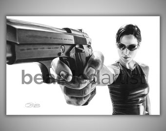 Esquiva esto – Dibujo a grafito de Trinity / Arte mural de Matrix / Impresión de película de ciencia ficción / Decoración de heroína