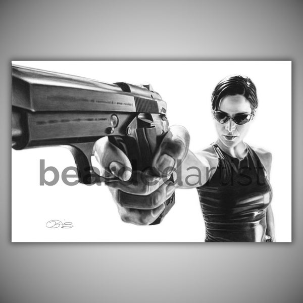 Dodge This – Trinity Graphite Drawing | The Matrix Wall Art | Sci-Fi Movie Print | Female Hero Decor