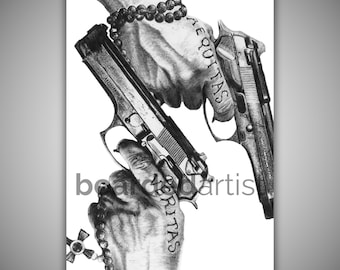 Aequitas & Veritas – The Boondock Saints Pencil Drawing | Cult Classic Wall Art | Movie Tattoo Art Print