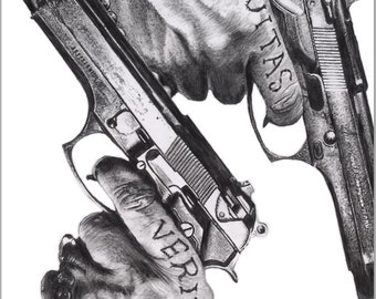 Boondock Saints Hand Tattoos and Guns Fine Art - "Aequitas and Veritas" - Boondock Saints Artwork - 11x17 Pencil Drawing Print