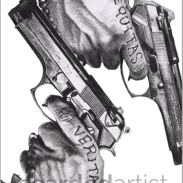 Boondock Saints Hand Tattoos and Guns Fine Art - "Aequitas and Veritas" - Boondock Saints Artwork - 11x17 Pencil Drawing Print
