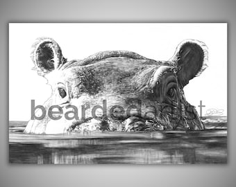 Toddler Hippo – Wildlife Pencil Drawing | Baby Hippo Wall Art | Nature & Nursery Animal Decor