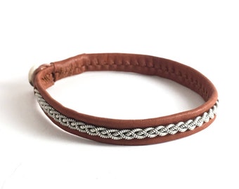 ARAGON - Nordic Sami inspired bracelet of reindeer leather and pewter thread with 4% silver