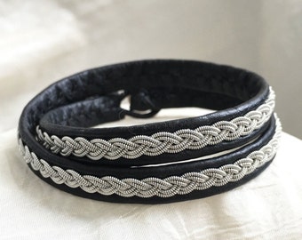JOKK double wrap - Nordic Sami inspired unisex bracelet of reindeer leather and pewter thread with 4% silver