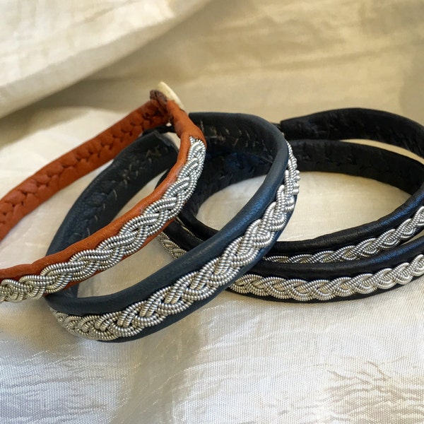 JONNA - Nordic Sami inspired unisex bracelet of reindeer leather and pewter thread with 4% silver