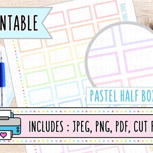 May include: A printable sheet featuring pastel-coloured half boxes for planning. The image includes the text "PRINTABLE" and "PASTEL HALF BOXES". It also states "INCLUDES: JPEG, PNG, PDF, CUT FILE". A pen and keyboard are also visible.