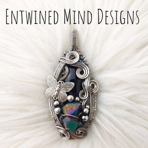 Amethyst, butterfly, and Titanium Aura Quartz Cluster Pendant Wrapped in Sterling Silver