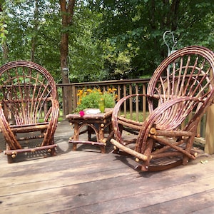 Two handmade twig willow fan back chairs and end table