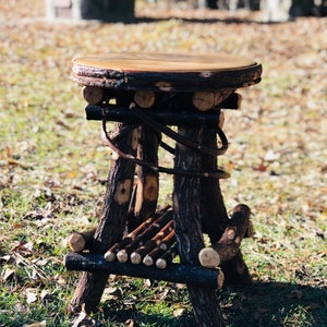 Handmade Willow End Table , Round top willow table handmade twig table with poplar wood top