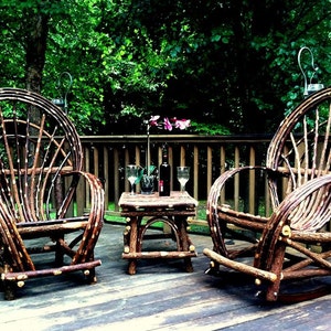 Two handmade twig willow fan back chairs and end table