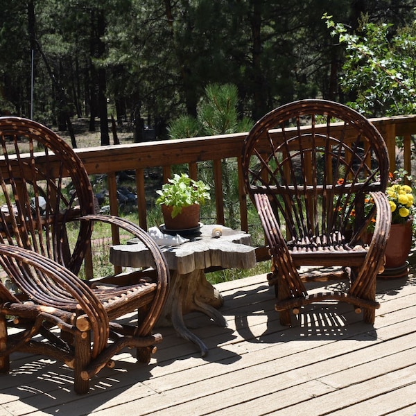 Set of two handmade willow chairs . Two fan back bentwood chairs !