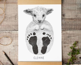 Personalised Baby and Child Lamb Footprint Kit, baby shower keepsake, woodland nursery decor, baby room wall art, baby lamb footprint kit