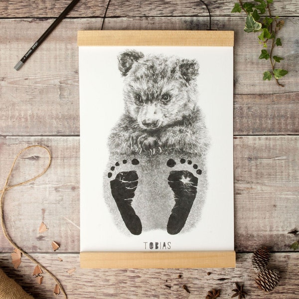 Personalised Baby & Child Bear Footprint Kit, baby shower keepsake gift, woodland nursery decor, baby room art print, baby bear drawing
