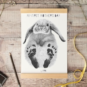 My First Mother's Day Personalised Baby Footprint Kit, Baby's first Mother's Day keepsake gift, original nursery art, hand-drawn animal image 1