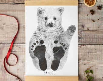 Personalised Baby & Child Polar Bear Footprint Kit, baby shower keepsake gift, nursery decor, baby room art print, baby polar bear drawing