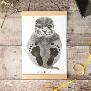 Personalised Baby Otter Footprint Kit, baby shower keepsake gift, woodland nursery decor, baby room art print, baby otter drawing