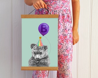 Baby Bear With Balloon Personalised Children's Print, Nursery Wall Art, Cute Bear with Balloon Children's Print, Woodland Theme