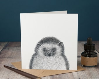 Peeping Hedgehog Card, blank greetings card with peeping hedgehog from a pencil illustration