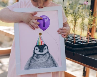 Baby Penguin With Balloon Personalised Children's Print, Nursery Penguin Art, Cute Penguin with Balloon Children's Room Art