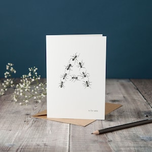 A wie für Ameisen! typografische Karte mit Ameisen, monochrome schwarz-weiß Karte, Rohrfederzeichnung, handgezeichnete Karte