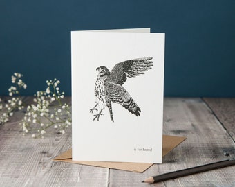K is for Kestrel! typographic kestrel card, monochrome black and white card, pen and ink drawing, hand-drawn card