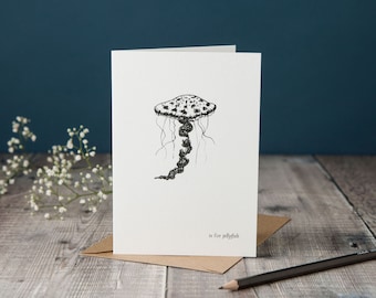 J is for Jellyfish! typographic jellyfish card, monochrome black and white card, pen and ink drawing, hand-drawn card