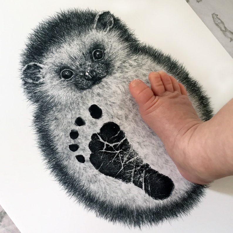 original nursery art woodland nursery gift baby shower keepsake hand-drawn hedgehog Personalised Baby /& Child Hedgehog Footprint Kit