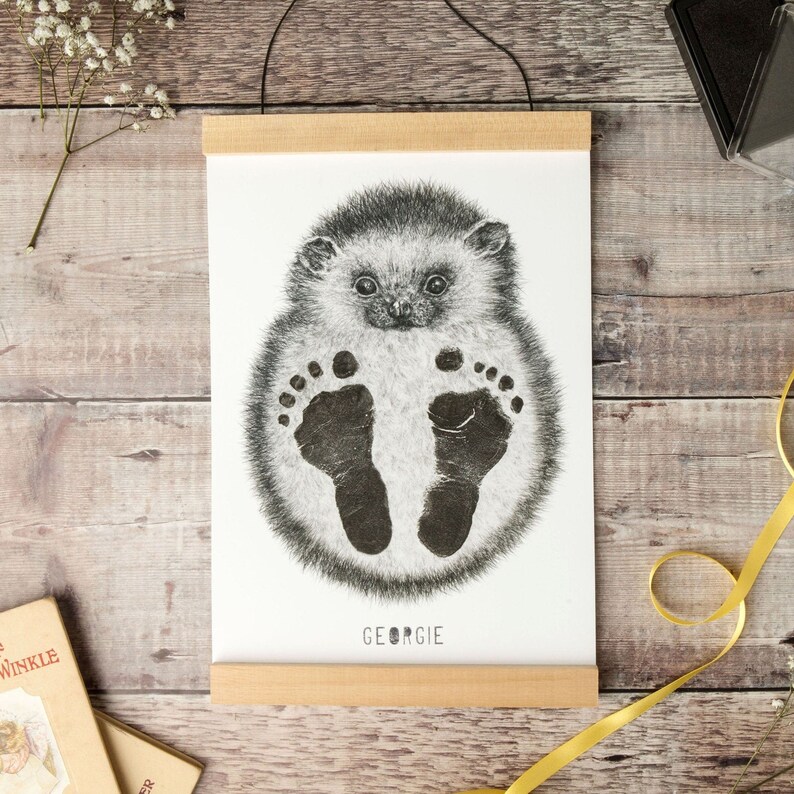 original nursery art woodland nursery gift baby shower keepsake hand-drawn hedgehog Personalised Baby /& Child Hedgehog Footprint Kit