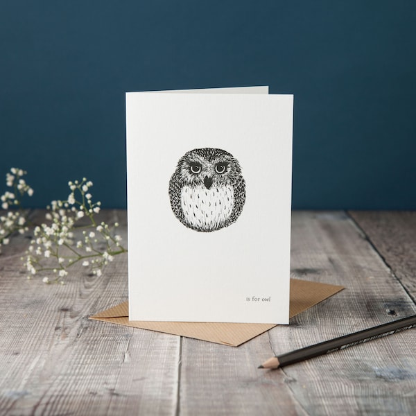 O is for Owl! typographic owl card, monochrome black and white card, pen and ink illustration