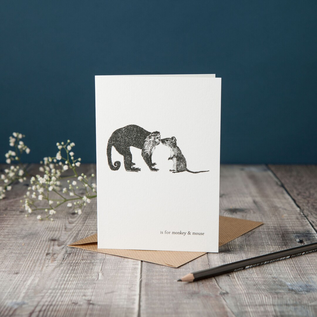 Monkey and Mouse Card: Pen & Ink Illustration, Initial 'M' Birthday - Etsy