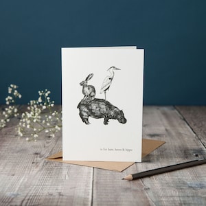 "H wie ""Hase, Reiher und Nilpferd""!" typografische Karte, monochrome schwarzweiß Karte, Rohrfederzeichnung, handgezeichnete Karte