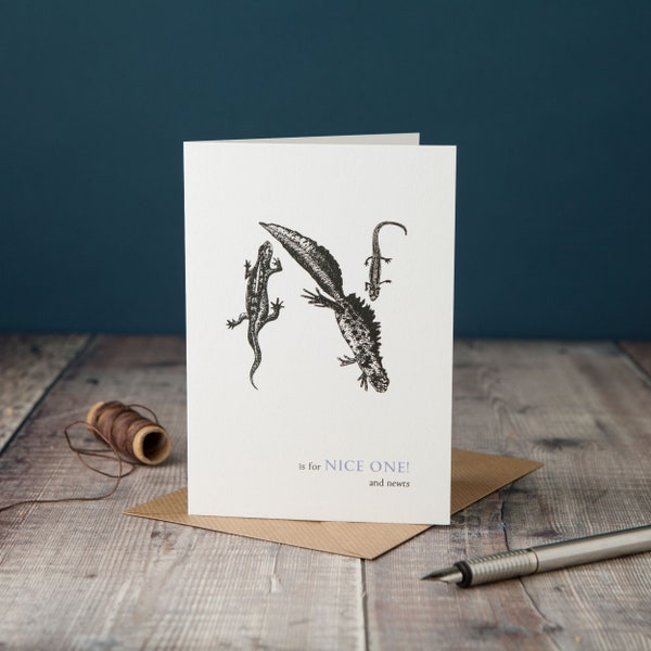 N is for Nice One! typographic card with a newts, monochrome black and white card, pen and ink drawing, hand-drawn card