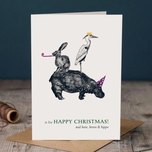 Christmas H is for Happy Christmas Card, Festliche typografische Tierkarte, Originalzeichnung, Blanko-Weihnachtskarte, Feiertagskarte