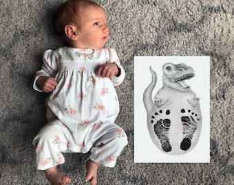 Personalised Baby Dinosaur Footprint Kit,  baby shower keepsake gift, hand-drawn dinosaur print, original nursery wall decor, baby room art