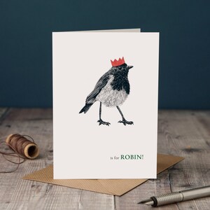 Christmas R is for Robin Karte, Festliche typografische Tierkarte, Originalzeichnung, Leere Weihnachtskarte, Feiertagskarte