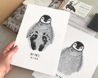 Personalised Baby Penguin Footprint Kit,  baby shower keepsake gift, hand-drawn penguin print, original nursery wall decor, baby room art