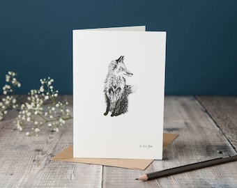 F is for Fox! typographic card with a bear, monochrome black and white card, pen and ink drawing, hand-drawn card