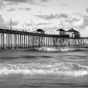 B&W Huntington Beach Photo, Morning Waves, Huntington Beach Pier Print, California Beach Wall Art, Black and White Beach Photography