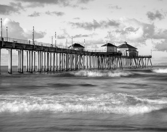 B&W Huntington Beach Photo, Morning Waves, Huntington Beach Pier Print, California Beach Wall Art, Black and White Beach Photography