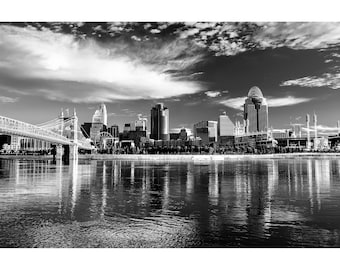 B&W Cincinnati Print, Black and White Cincinnati Skyline Cloudscape, Cincinnati Photography, Cincinnati Wall Art, Ohio Photography