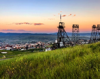 Butte Photo, Sunrise Mining Tower City View, Butte Montana Print, Montana Mining Photography, Mining Tower Wall Art, Mining Rig Print